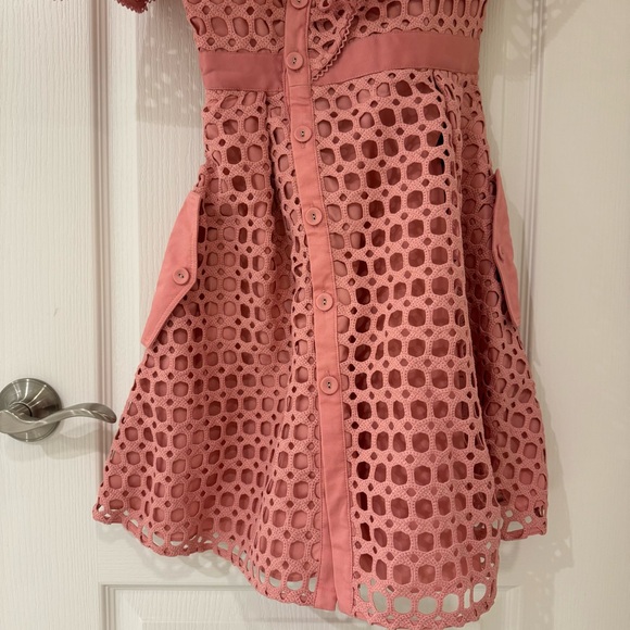 Self-Portrait | Lace Frill Asymmetric Cold-Shoulder Fit & Flare Pink Mini Dress - Picture 7 of 16